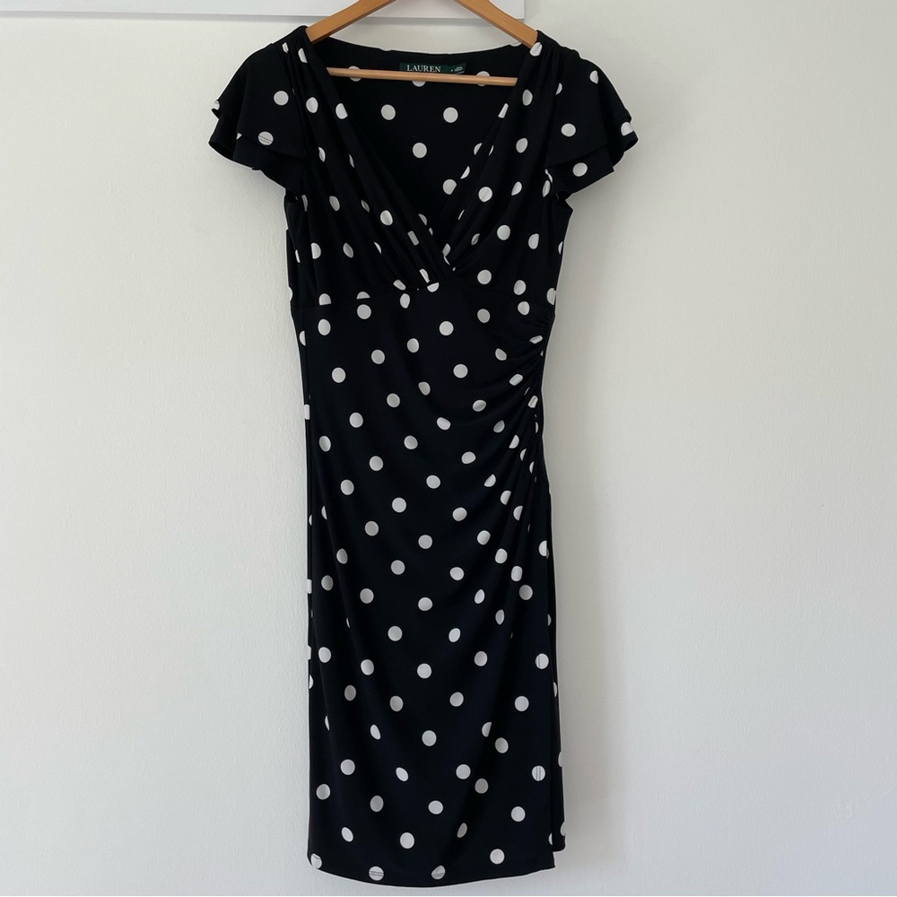 Lauren Ralph Lauren Polka Dot Dress Black and White  V Neck Ruching Size 4
